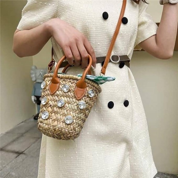 Zara Handbags - Woven Straw Mini Basket Bag Rhinestone Crystal Gingham Summer Beach Boho